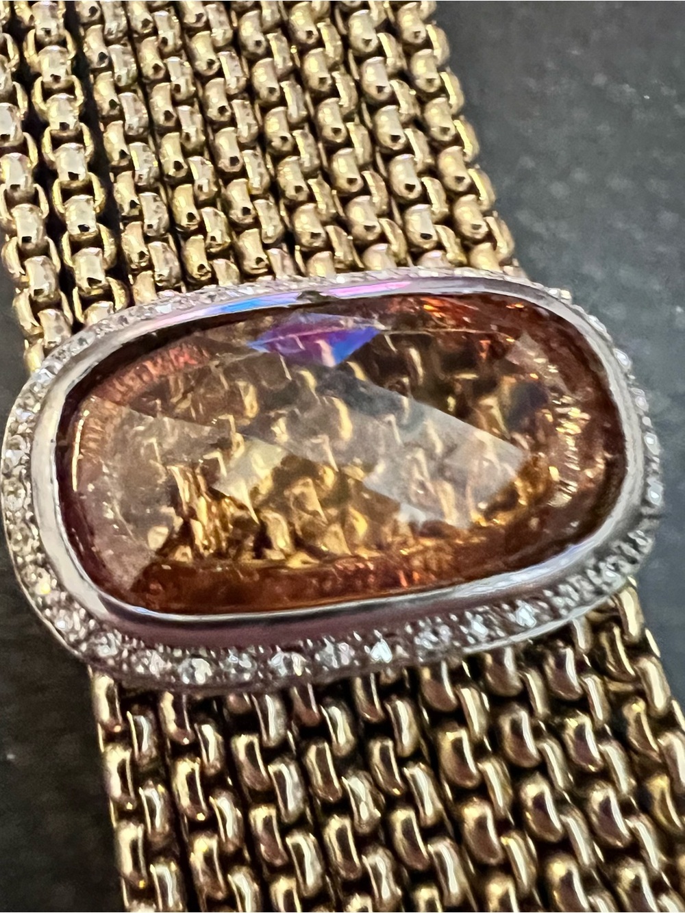 Gold-Tone Mesh Bracelet with Amber Faceted Stone